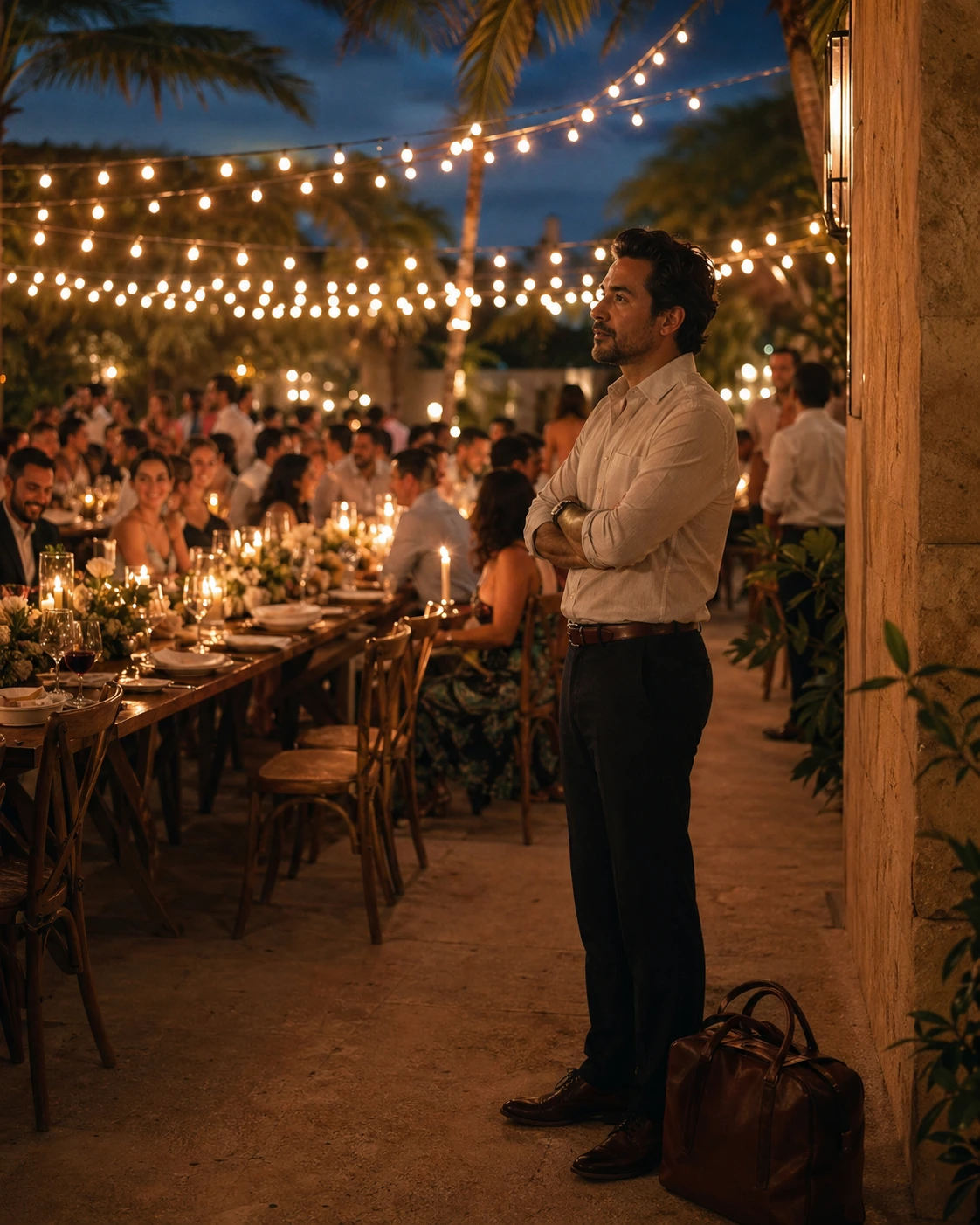 Médico de guardia en una boda en la Riviera Maya, bajo guirnaldas de luces.