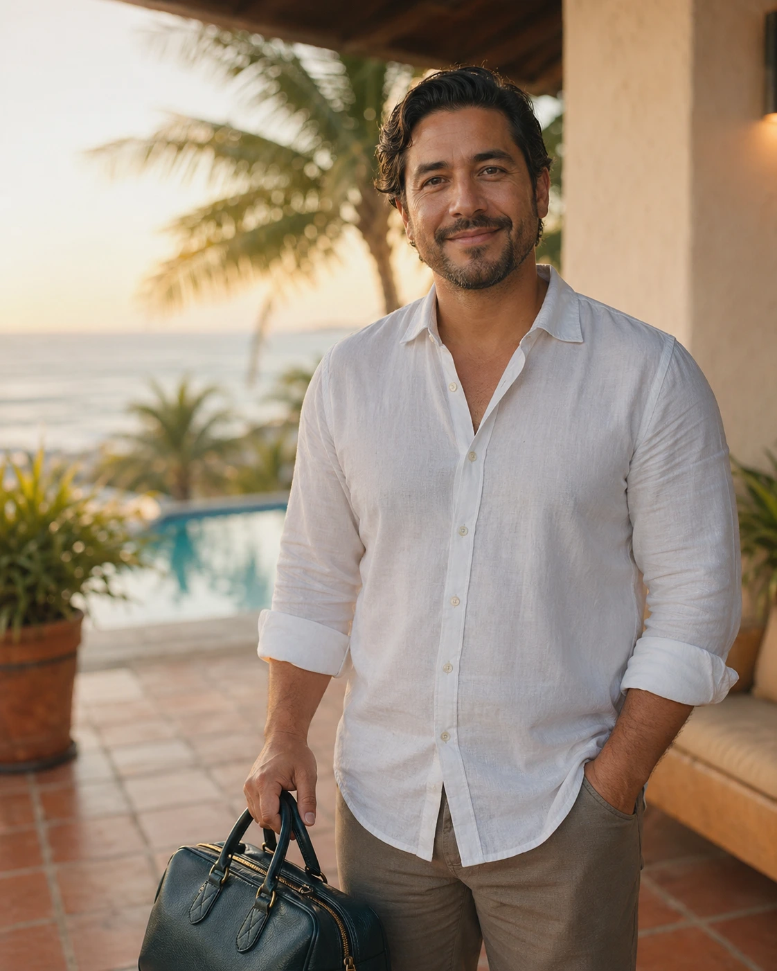 Médico con camisa de lino blanca y maletín de cuero en una terraza de hotel costero en México al atardecer, con palmeras y el Caribe al fondo.