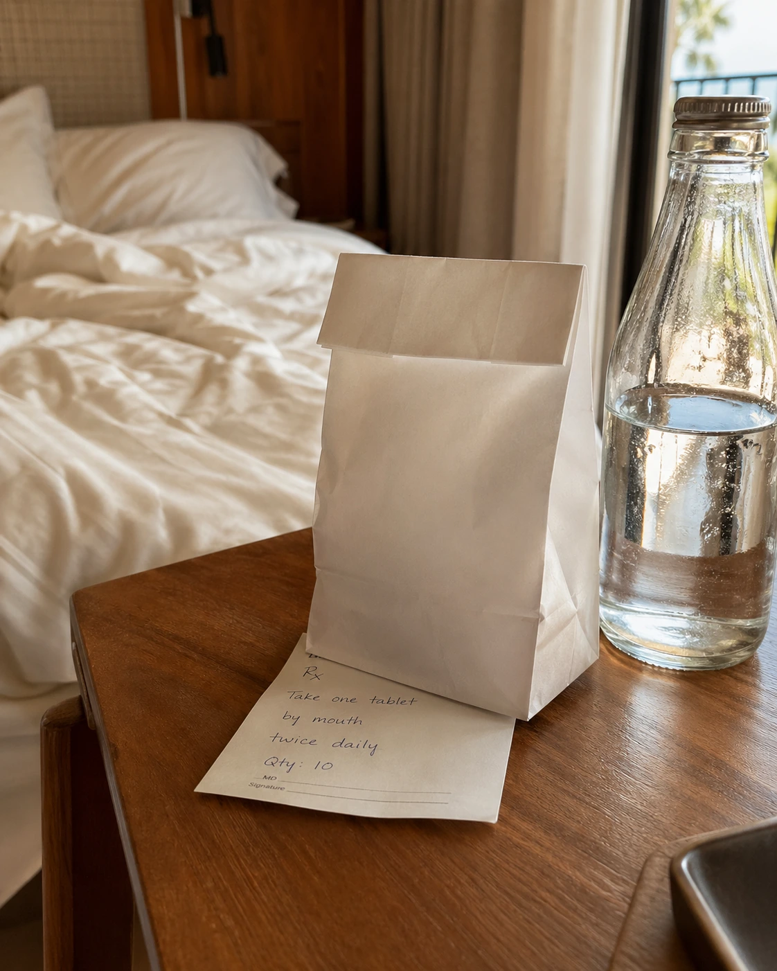 Bolsa de farmacia y receta entregadas en la mesa de noche de una habitación de hotel.