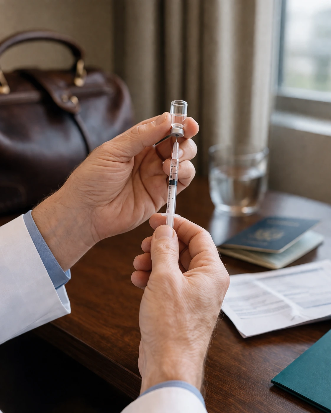 Médico preparando una vacuna de viaje sobre un escritorio de hotel, con un pasaporte cerca.