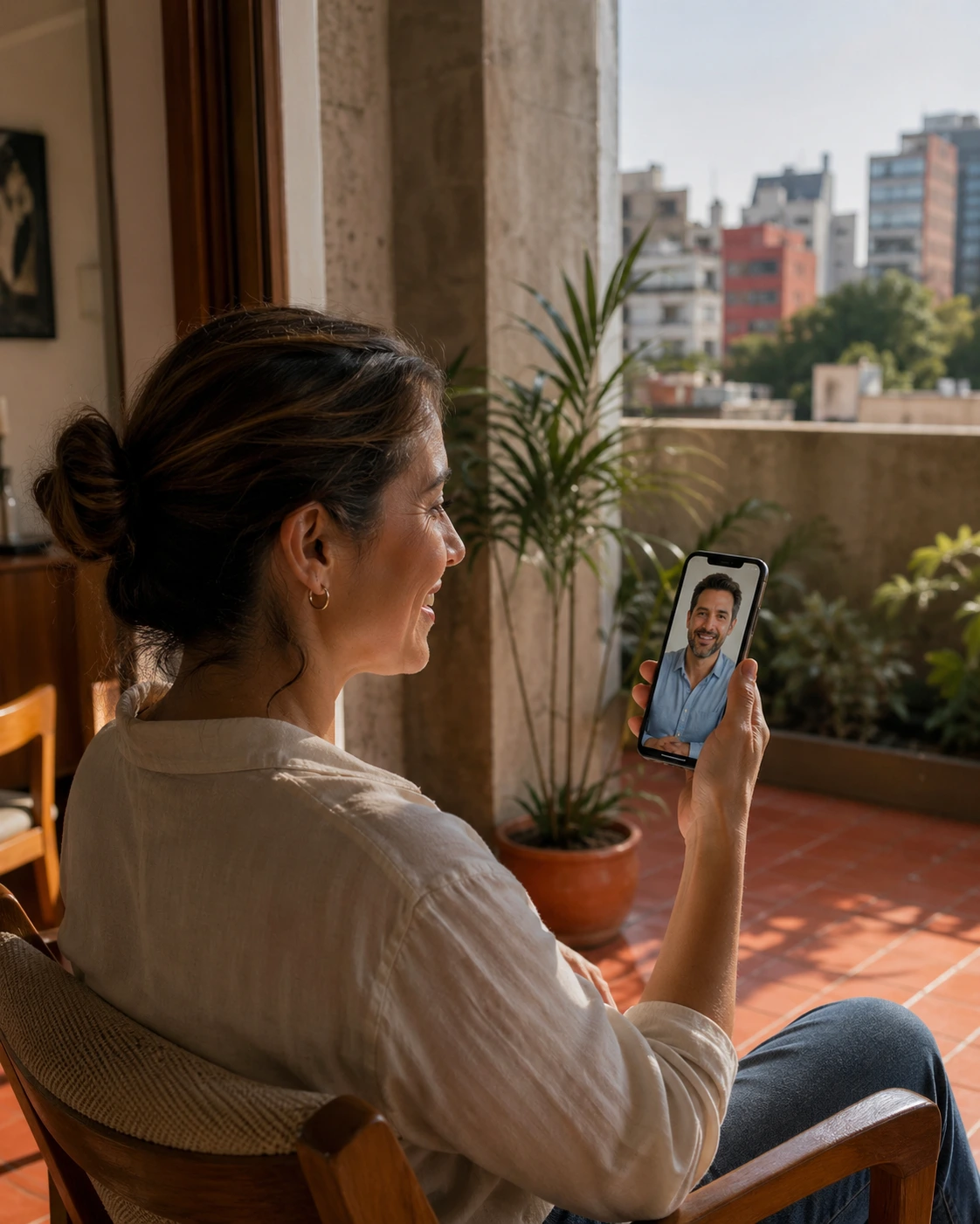 Paciente en videoconsulta con un médico visible en su teléfono.